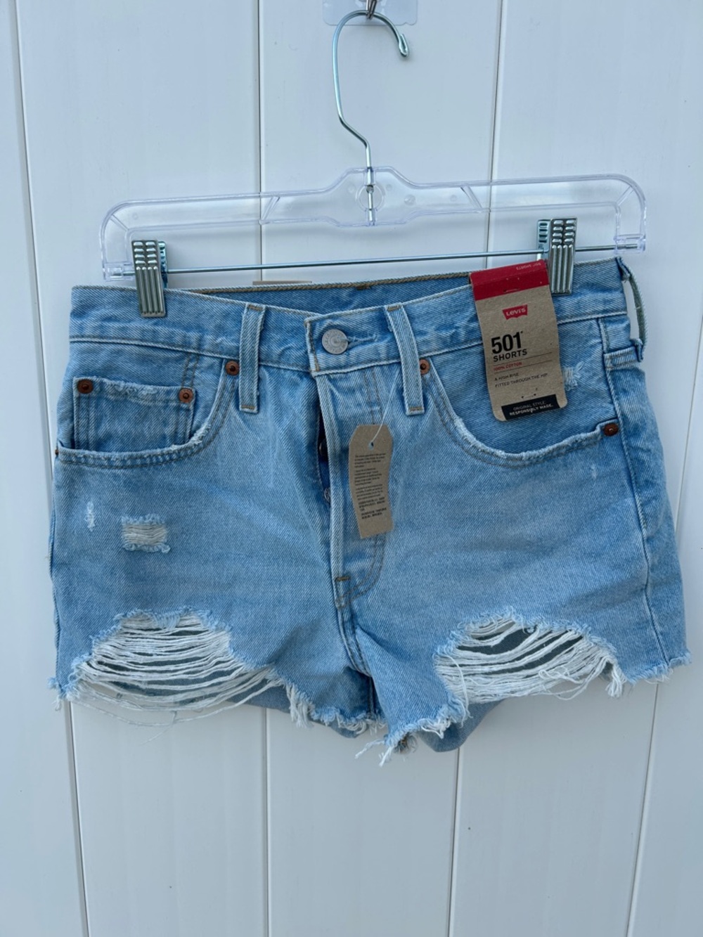 Levi's Light Blue Ripped 501 High-Rise Denim Shorts
